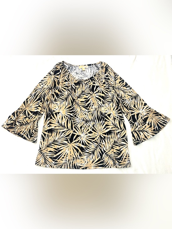 Michael Kors Tops - Michael Kors Women's Black and Tan Fall Palm-Leaf Print Bell-Sleeve Top Large